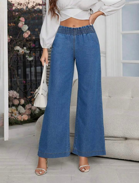 Wide legs jeans avec élastique a la taille.